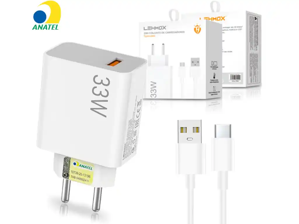 Carregador de Celular Turbo 33W USB com Cabo Type-C 1 Metro LEHMOX Carregador de Celular Turbo 33W USB com Cabo Type-C 1 Metro LEHMOX - Imagem 1