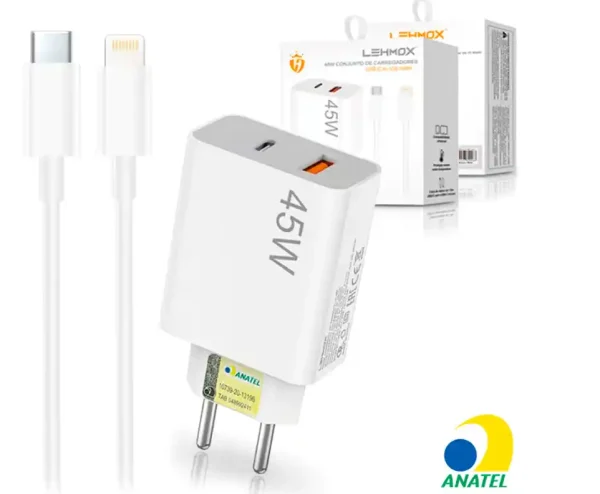 Carregador de Celular Turbo 45W PD USB com Cabo Lightning 1M Lehmox - LE-405 A+IOS