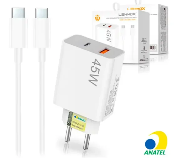 Carregador de Celular Turbo 45W PD USB com Cabo Type-C 1M LEHMOX