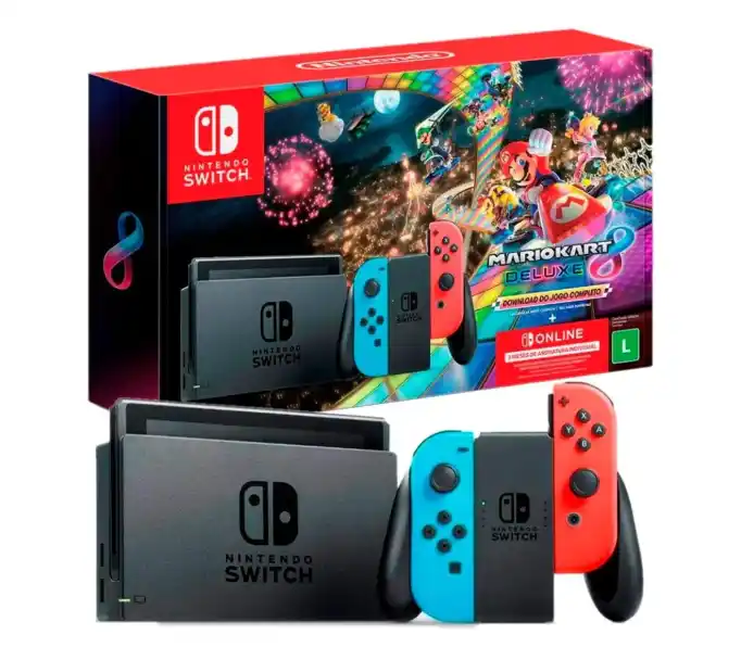 Console-Nintendo-Switch-Mario-Kart-8-Deluxe-3-Meses-Nintendo-Switch-Online-32GB-1x-Joy-con-Neon-Vermelho-e-Azul.webp Console Nintendo Switch + Mario Kart 8 Deluxe + 3 Meses Nintendo Switch Online, 32GB, 1x Joy-con Neon, Vermelho e Azul - Imagem 1