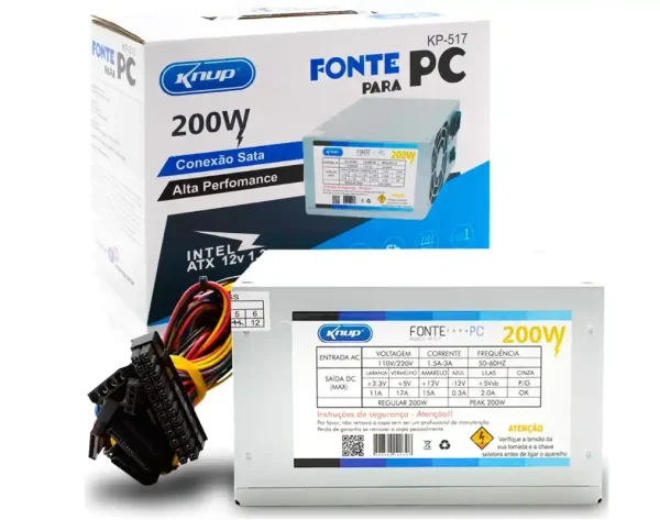 Fonte ATX 200W Sata 24 Pinos Bivolt Manual com Cabo de Alimentação KNUP