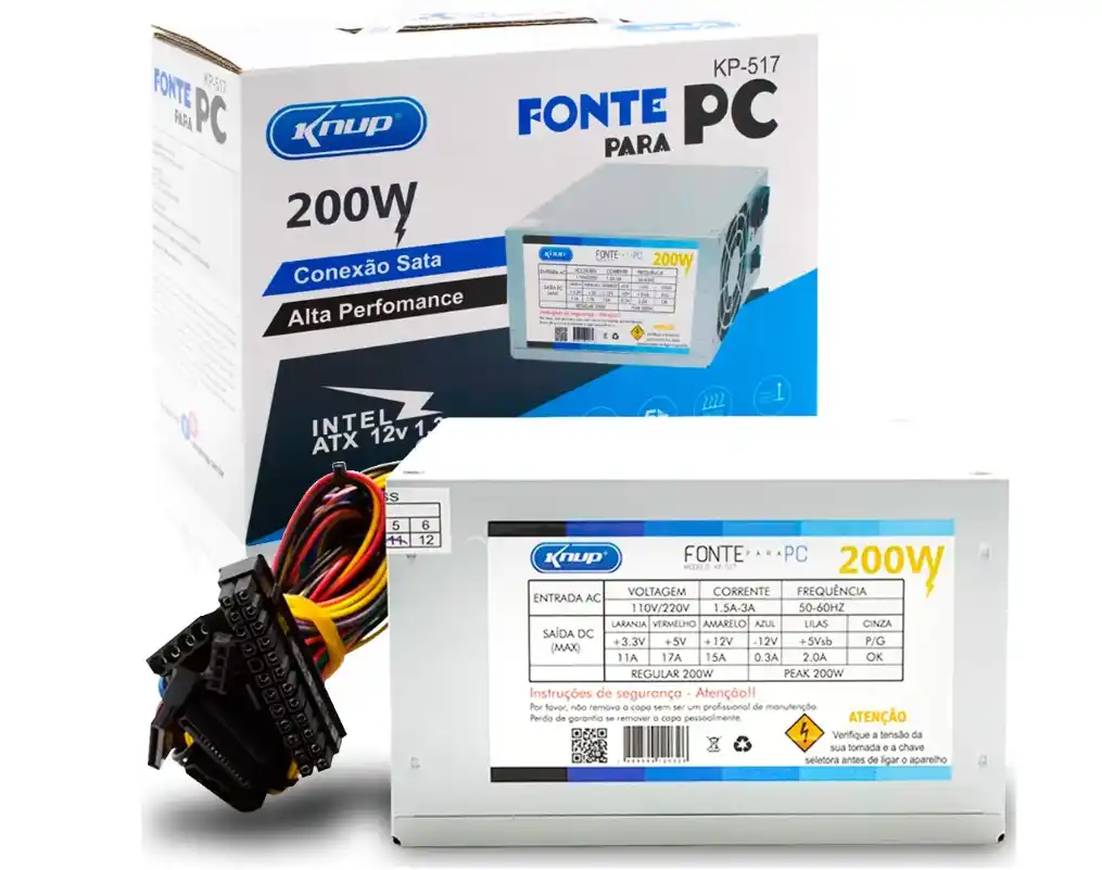 Fonte ATX 200W Sata 24 Pinos Bivolt Manual com Cabo de Alimentação KNUP Fonte ATX 200W Sata 24 Pinos Bivolt Manual com Cabo de Alimentação KNUP - Imagem 1